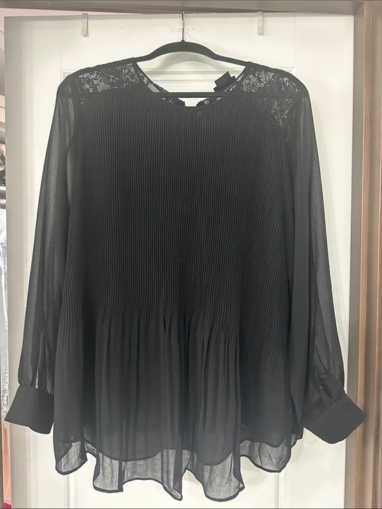 City Chic Tops - City Chic Black Lace Yoke Pleated Chiffon Blouse